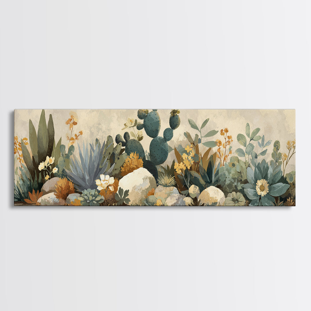 Warm Neutral Cactus Garden Illustration Framed Canvas Print, Boho Art, Boho Wall Art, Living Room Decor, Oil Painting, Bohemian, BOH-3x1-58