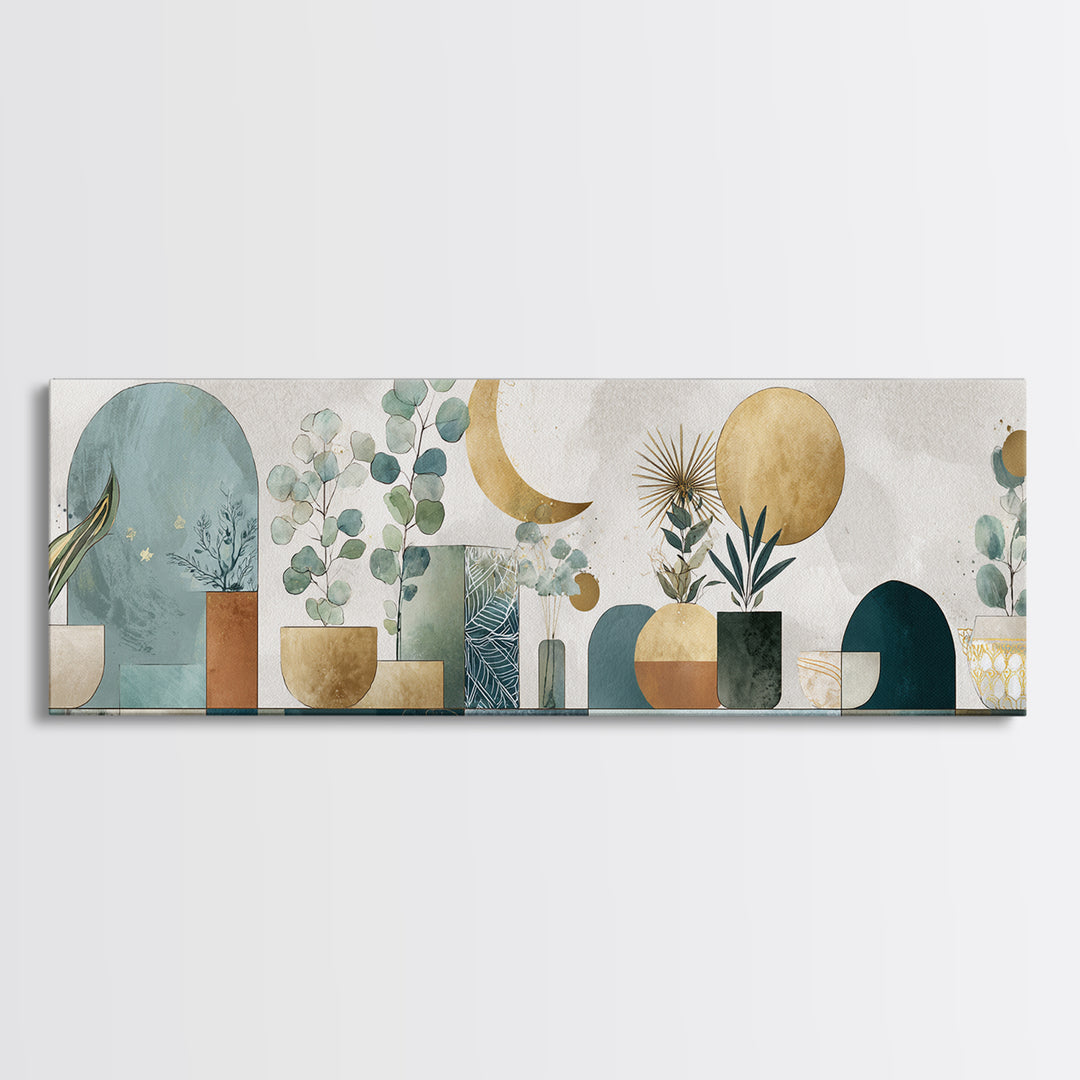 Sage Green Eucalyptus and Crescent Moon Framed Canvas Print, Boho Art, Wall Decor, Living Room Decor, Fine Art, Bohemian, BOH-3x1-63