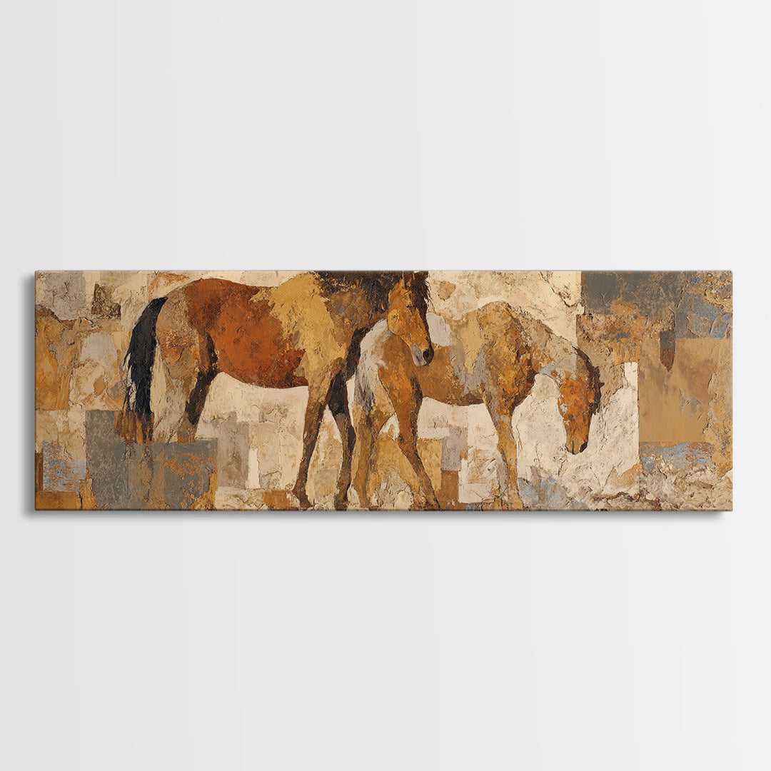 Wild Horse in Dusty Golden Light Framed Canvas Print, Boho Art, Prints, Living Room Decor, Fine Art, Bohemian, Abstract Art, BOH-3x1-72