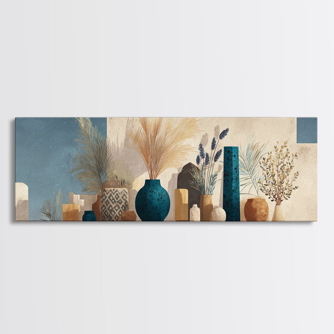 Bohemian Vase with Dried Pampas Grass Framed Canvas Print, Boho Art, Textured Painting, Living Room Decor, Fine Art, Bohemian, BOH-3x1-73