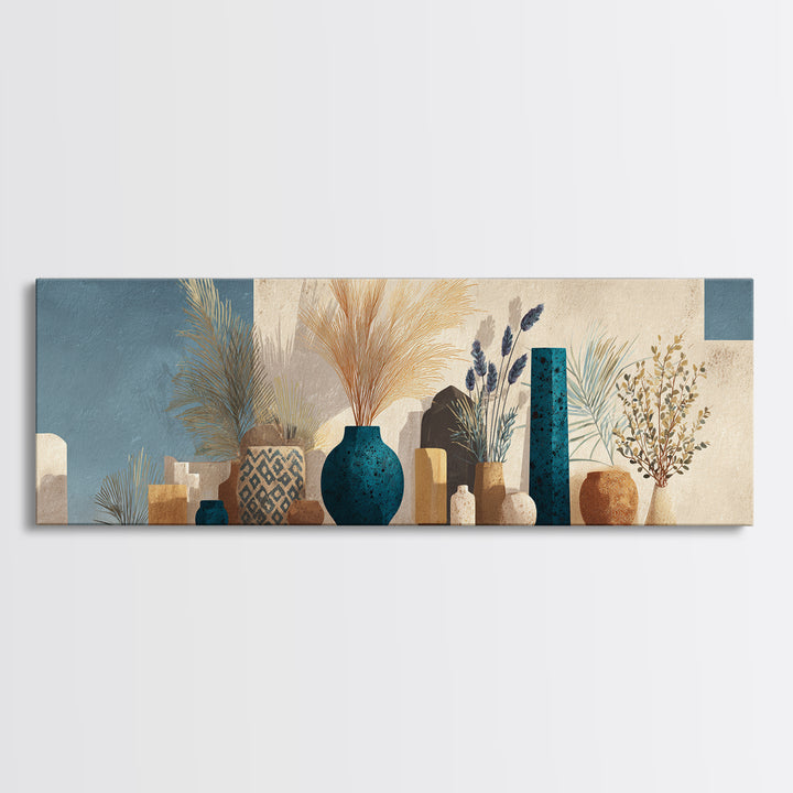 Bohemian Vase with Dried Pampas Grass Framed Canvas Print, Boho Art, Textured Painting, Living Room Decor, Fine Art, Bohemian, BOH-3x1-73