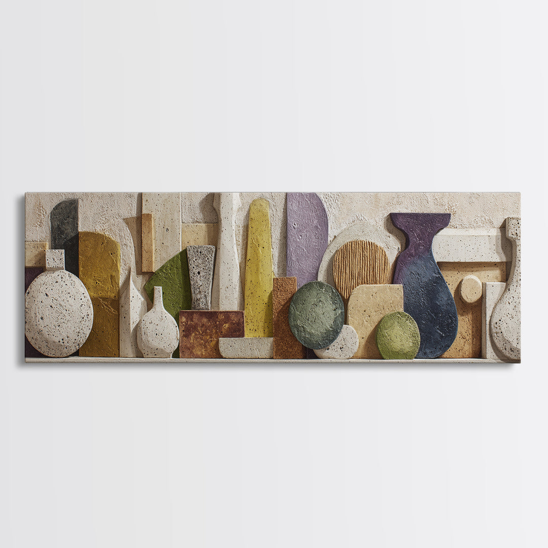 Abstract Clay Shapes Canvas Print, Boho Art, Modern Wall Art, Living Room Decor, Abstract Art, Bohemian, Textured Painting, BOH-3x1-8