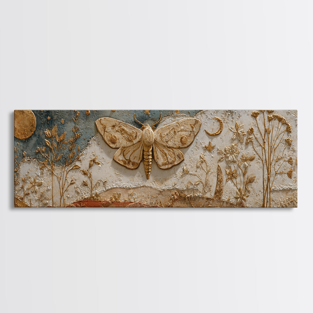 Golden Moth with Moon and Stars Framed Canvas Print, Boho Art, Statement Artwork, Living Room Decor, Fine Art, Bohemian, BOH-3x1-81