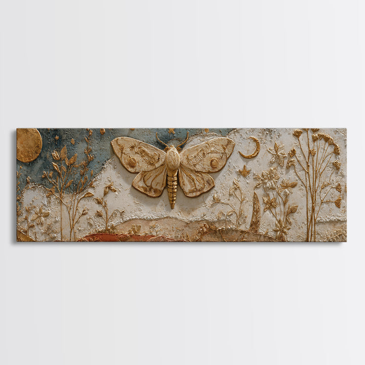 Golden Moth with Moon and Stars Framed Canvas Print, Boho Art, Statement Artwork, Living Room Decor, Fine Art, Bohemian, BOH-3x1-81