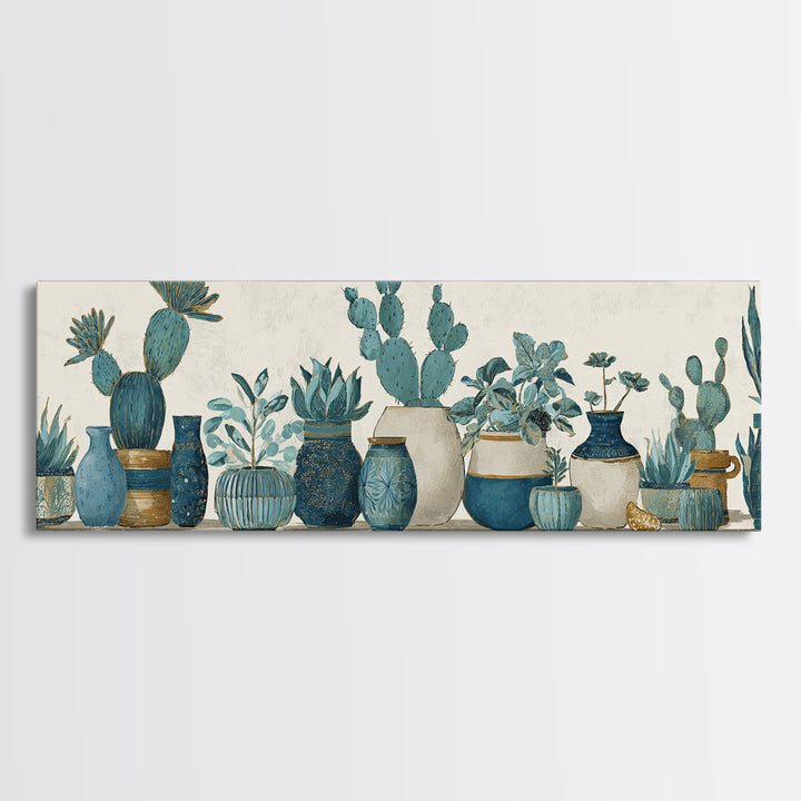 Warm Neutral Cactus Garden Illustration Framed Canvas Print, Boho Art, Boho Wall Art, Living Room Decor, Oil Painting, Bohemian, BOH-3x1-82