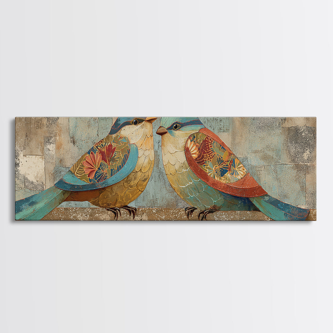 Boho Bird Pair Framed Canvas Print, Boho Art, Digital Art, Living Room Decor, Bohemian, Printable Art, Abstract Wall Art, BOH-3x1-84