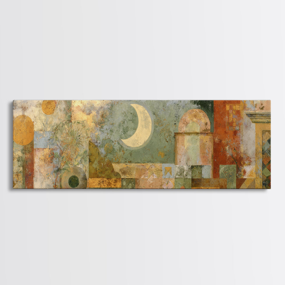 Sage Green Eucalyptus and Crescent Moon Framed Canvas Print, Boho Art, Wallart, Living Room Decor, Fine Art, Bohemian, BOH-3x1-87