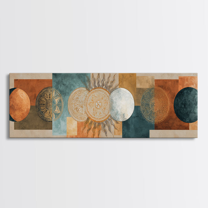 Sun and Moon Celestial Folk Motif Canvas Print, Boho Art, Neutral Decor, Living Room Decor, Fine Art, Bohemian, Wall Decor, BOH-3x1-98