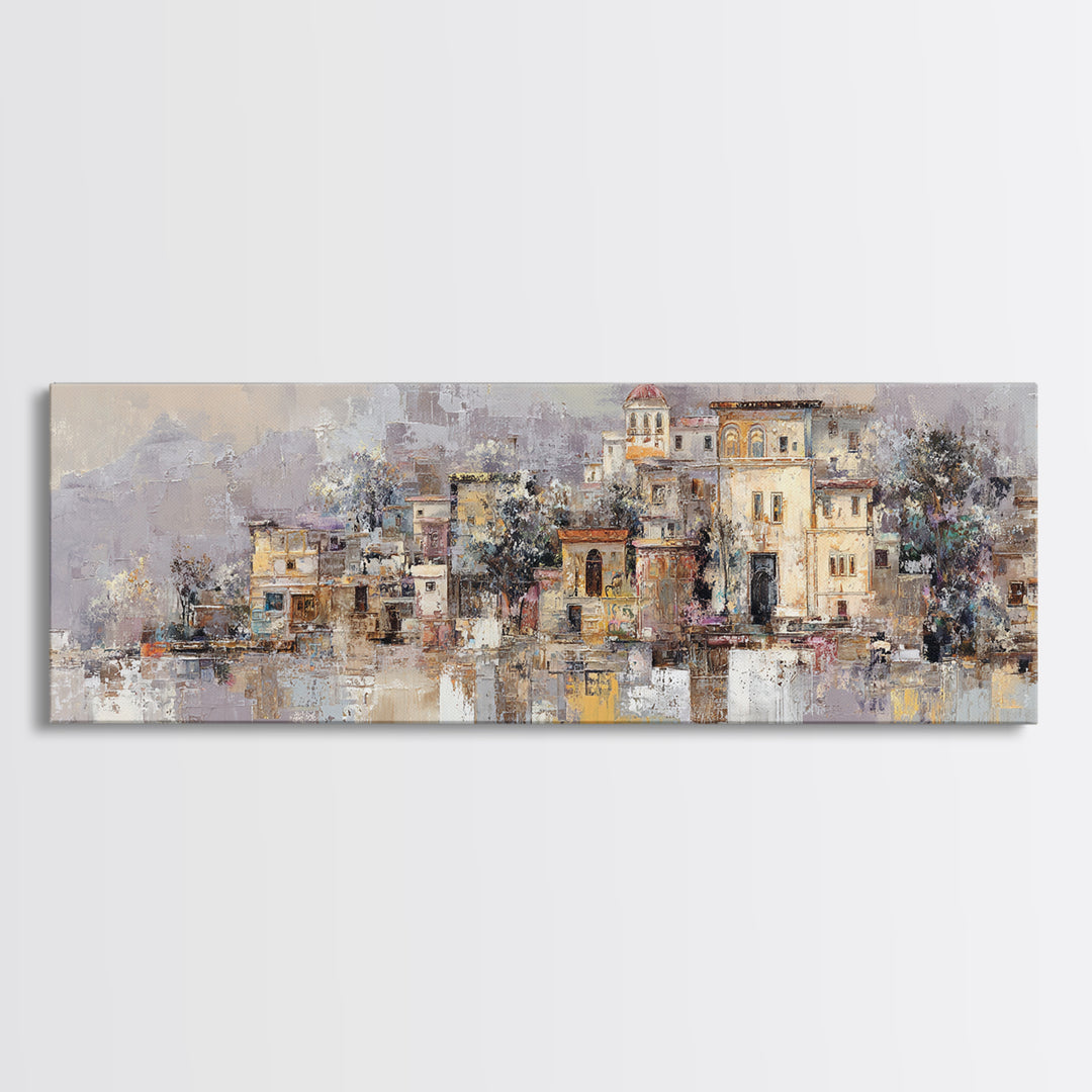 Earth Tone Mountain and River Abstraction Framed Canvas Print, Boho Art, Living Room Decor, Oil Painting, Bohemian, BOH-3x1-99