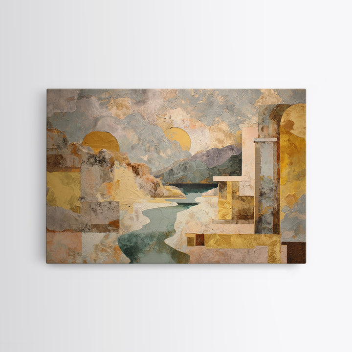 Earth Tone Mountain and River Abstraction Framed Canvas Print, Boho Art, Wall Art Set, Living Room Decor, Fine Art, Bohemian, BOH-3x2-15