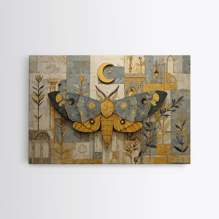 Golden Moth with Moon and Stars Canvas Print, Boho Art, Modern Decor, Living Room Decor, Fine Art, Bohemian, Wall Decor, BOH-3x2-21