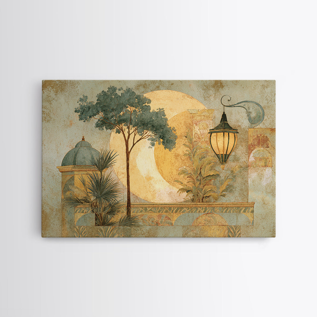 Sage Green Eucalyptus and Crescent Moon Framed Canvas Print, Boho Art, Wall Art, Living Room Decor, Fine Art, Bohemian, BOH-3x2-27