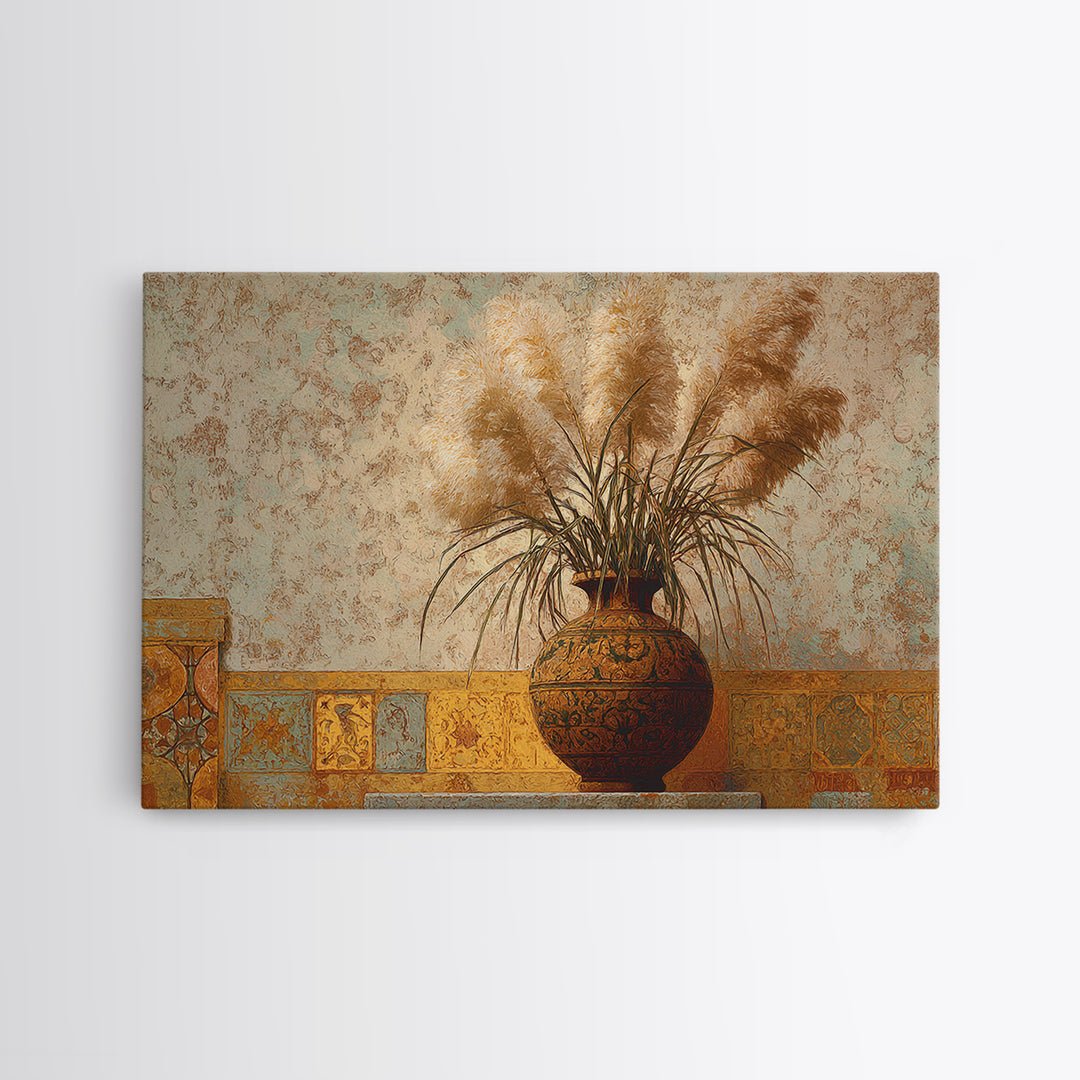 Bohemian Vase with Dried Pampas Grass Canvas Print, Boho Art, Luxury Decor, Living Room Decor, Oil Painting, Bohemian, BOH-3x2-37