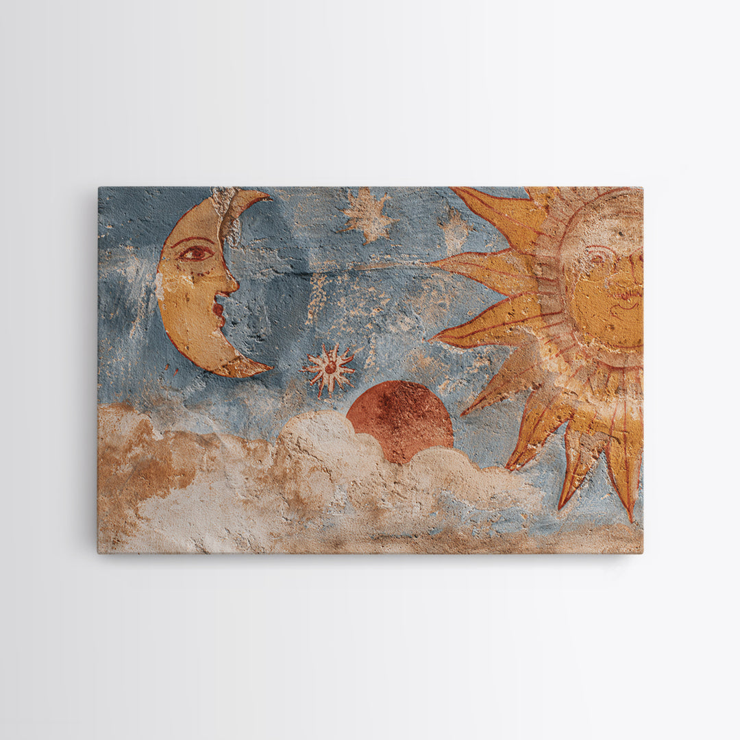 Sun and Moon Celestial Folk Motif Canvas Print, Boho Art, Wall Art Print, Living Room Decor, Fine Art, Bohemian, Luxury Decor, BOH-3x2-38