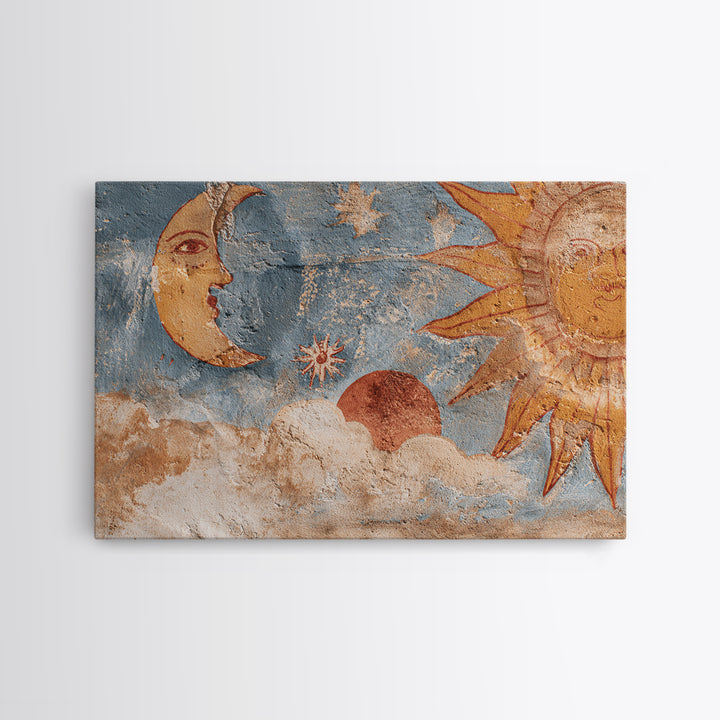 Sun and Moon Celestial Folk Motif Canvas Print, Boho Art, Wall Art Print, Living Room Decor, Fine Art, Bohemian, Luxury Decor, BOH-3x2-38
