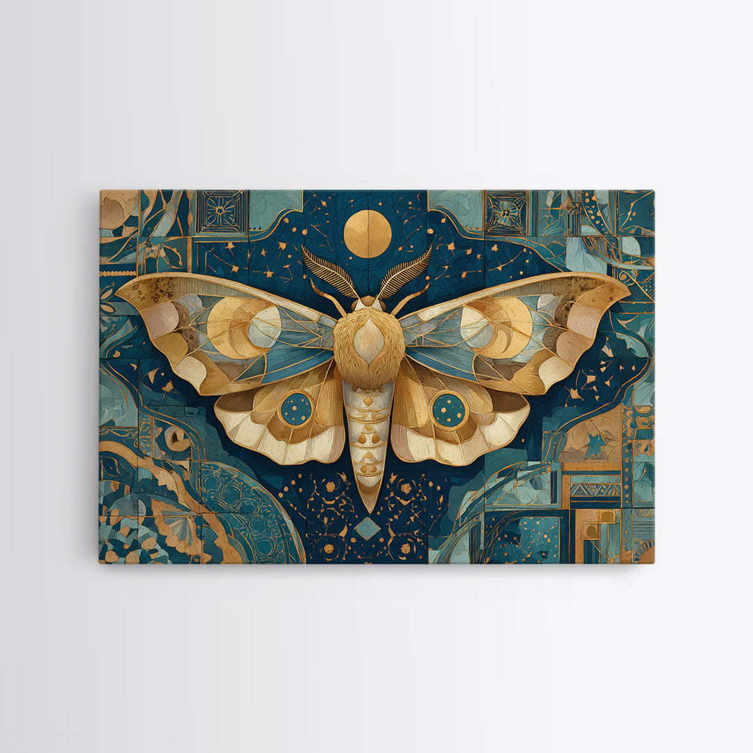 Golden Moth with Moon and Stars Framed Canvas Print, Boho Art, Textured Painting, Living Room Decor, Fine Art, Bohemian, BOH-3x2-45