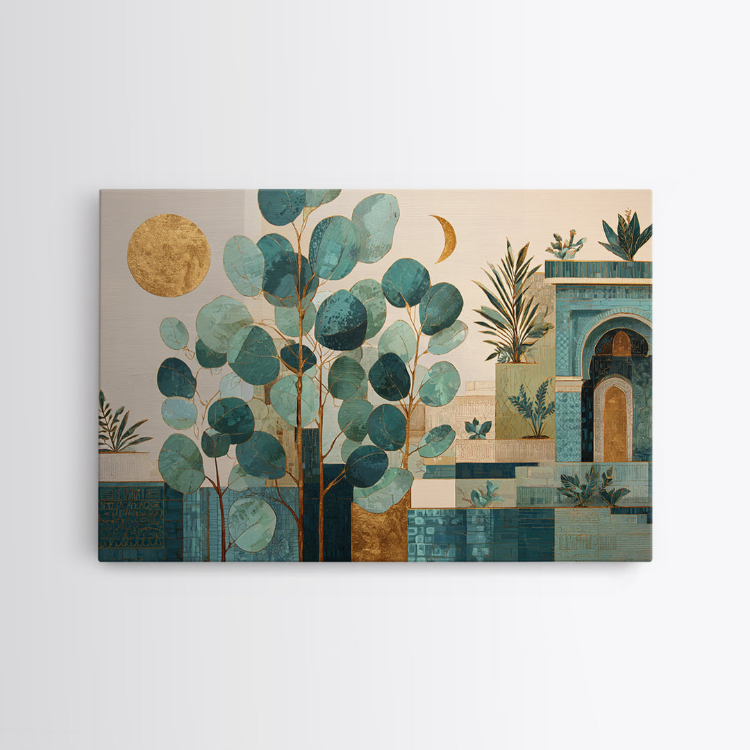 Sage Green Eucalyptus and Crescent Moon Canvas Print, Boho Art, Art Print, Living Room Decor, Fine Art, Bohemian, Digital Print, BOH-3x2-51