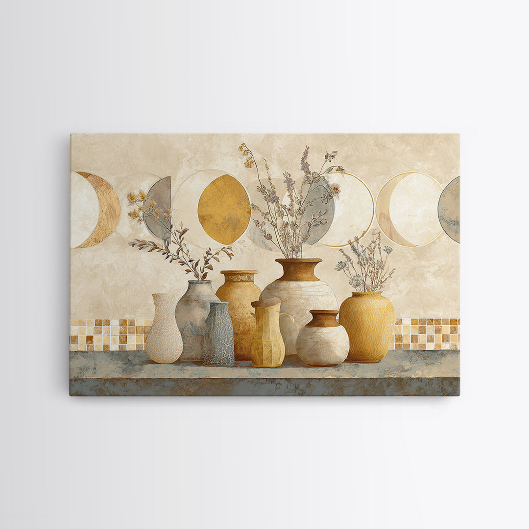 Moon Phases Above Botanical Silhouettes Framed Canvas Print, Boho Art, Boho Wall Art, Living Room Decor, Fine Art, Bohemian, BOH-3x2-6
