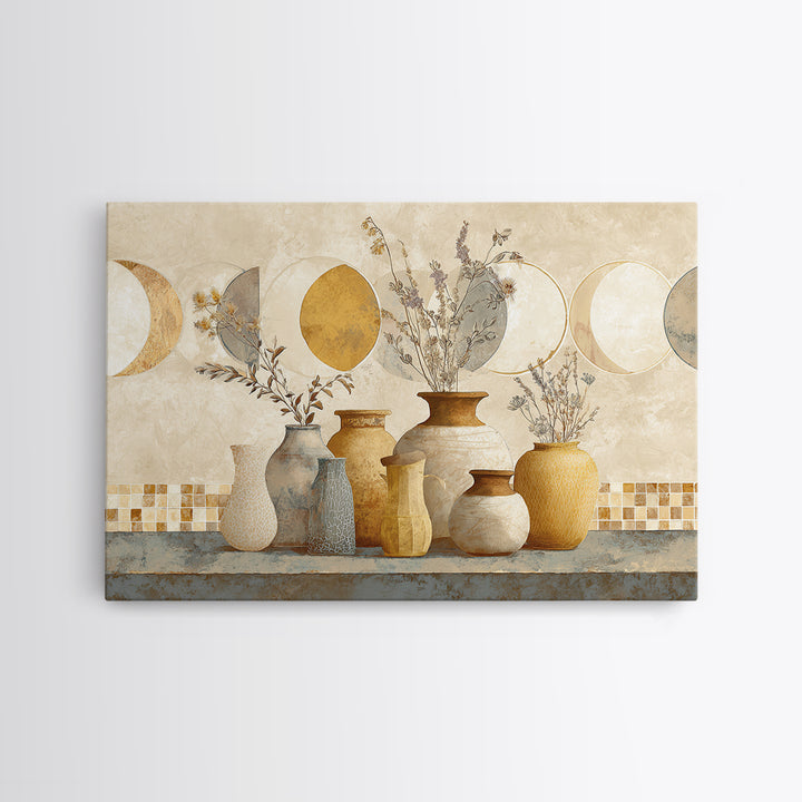 Moon Phases Above Botanical Silhouettes Framed Canvas Print, Boho Art, Boho Wall Art, Living Room Decor, Fine Art, Bohemian, BOH-3x2-6