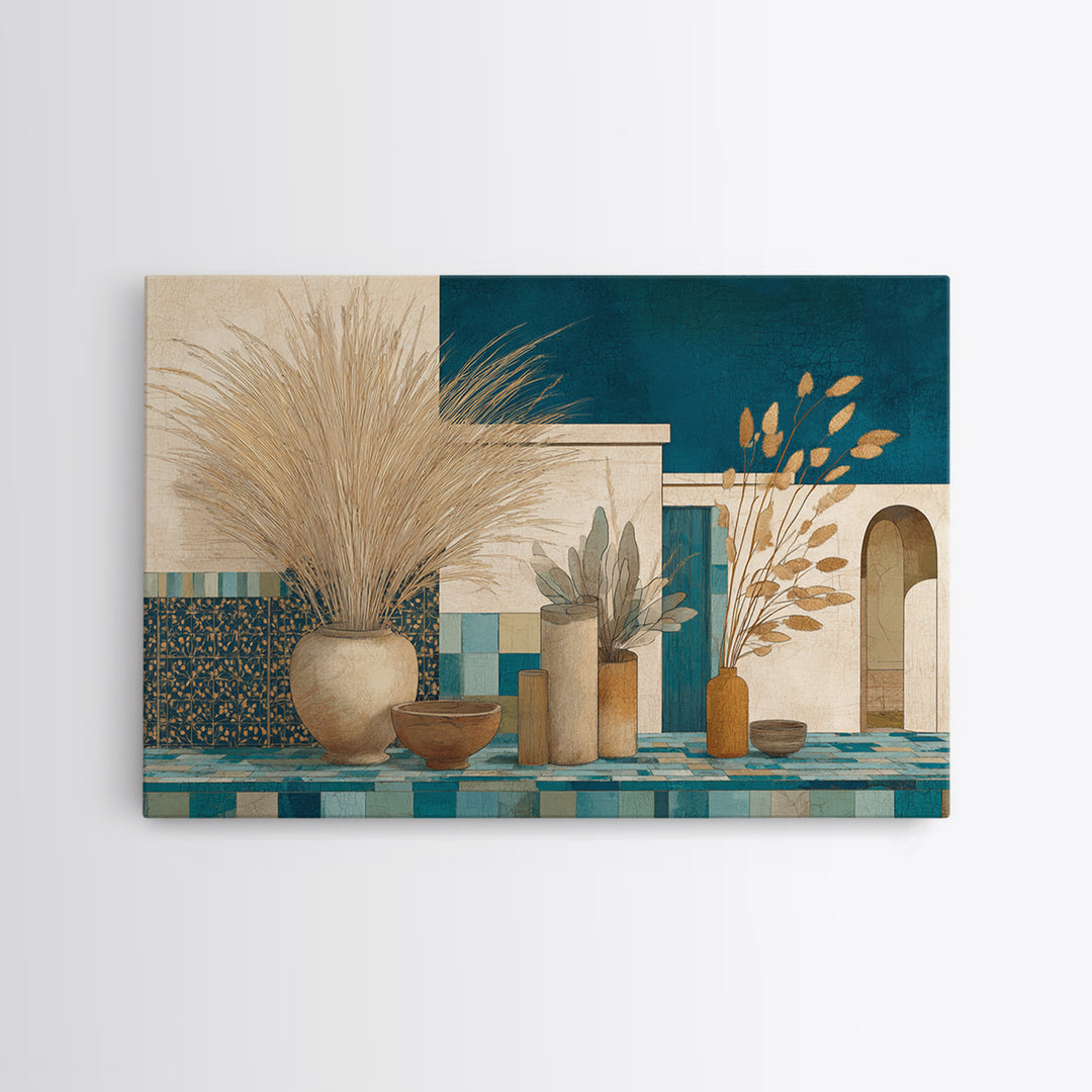 Bohemian Vase with Dried Pampas Grass Canvas Print, Boho Art, Luxury Decor, Living Room Decor, Oil Painting, Bohemian, BOH-3x2-61