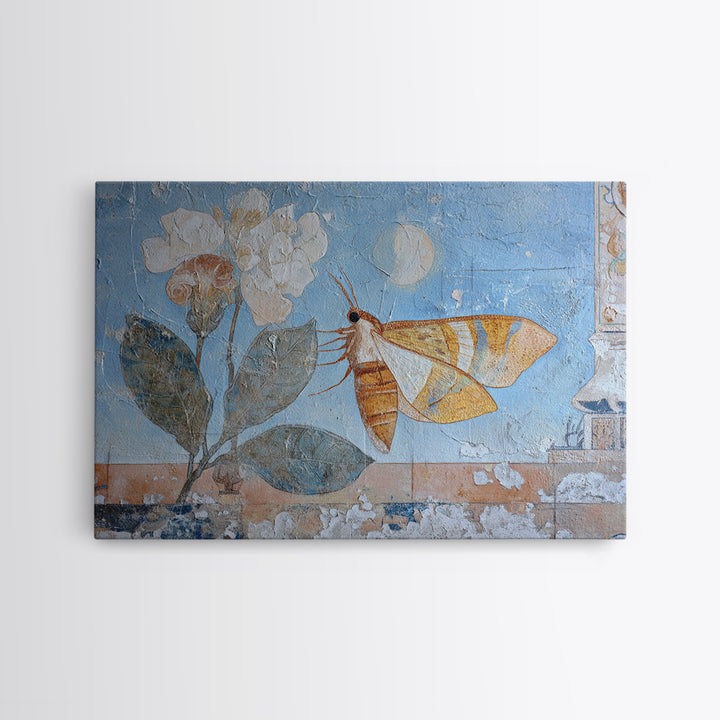 Golden Moth with Moon and Stars Framed Canvas Print, Boho Art, Textured Painting, Living Room Decor, Fine Art, Bohemian, BOH-3x2-69