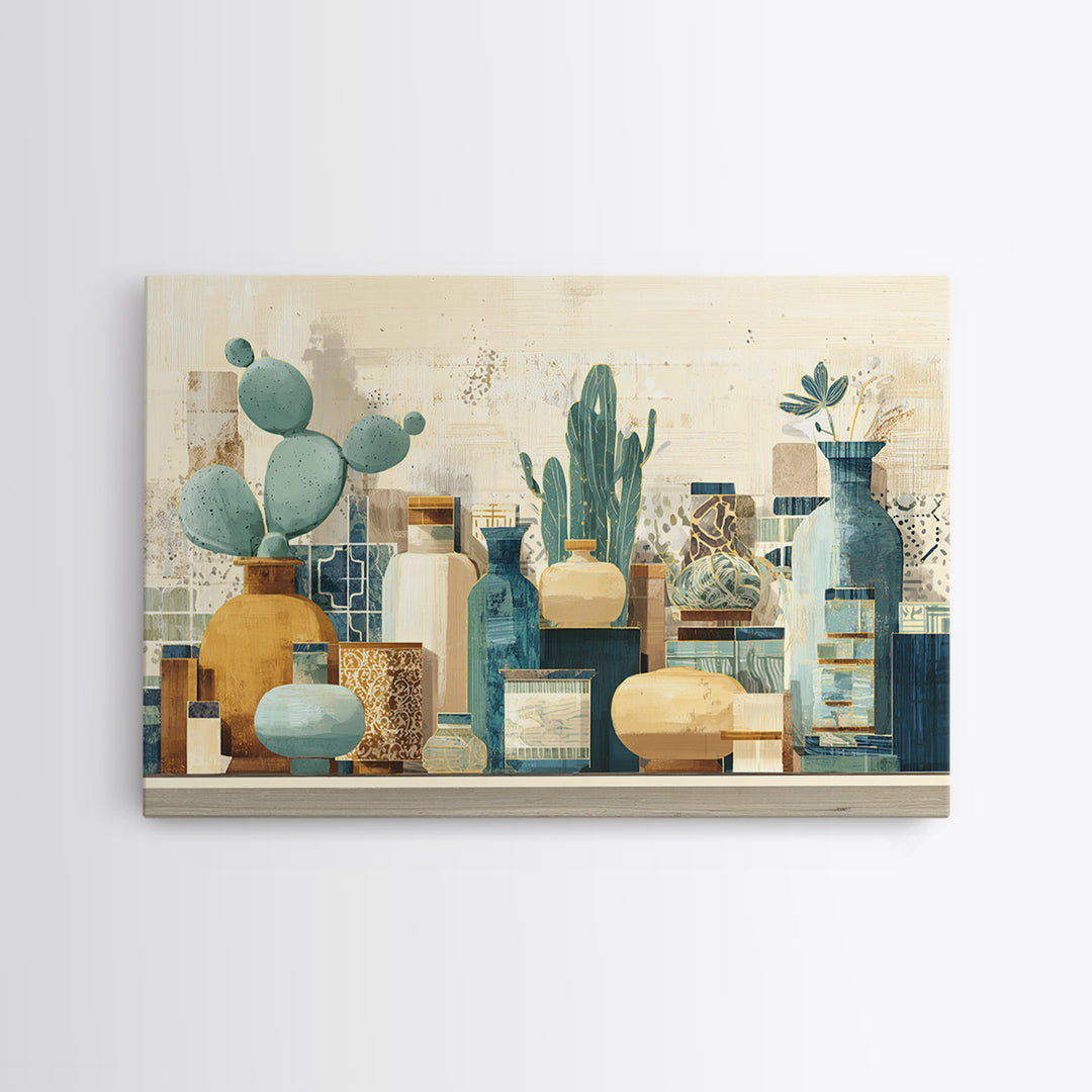 Warm Neutral Cactus Garden Illustration Framed Canvas Print, Boho Art, Boho Decor, Living Room Decor, Fine Art, Bohemian, BOH-3x2-70