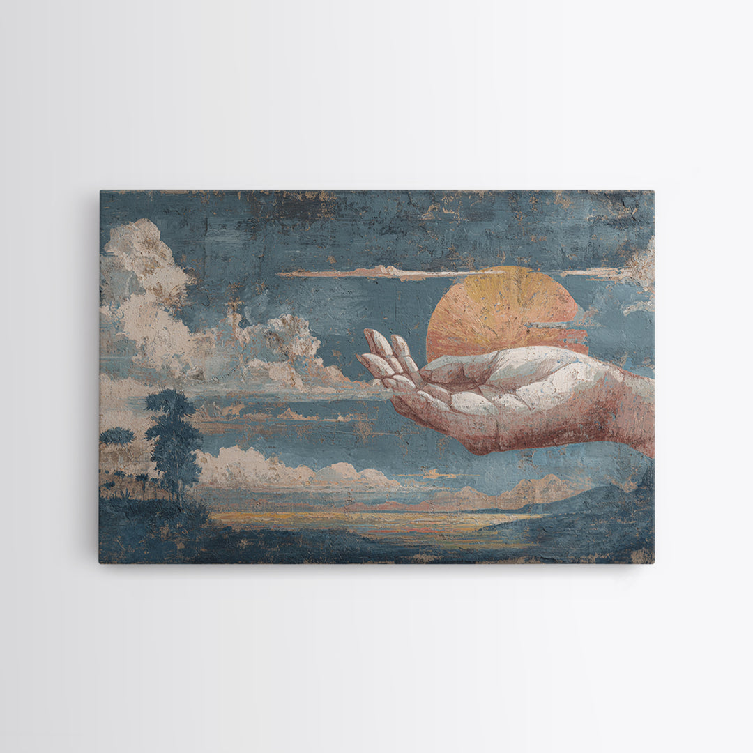 Mystic Hand Holding a Tiny Sun Framed Canvas Print, Boho Art, Statement Artwork, Living Room Decor, Oil Painting, Bohemian, BOH-3x2-82