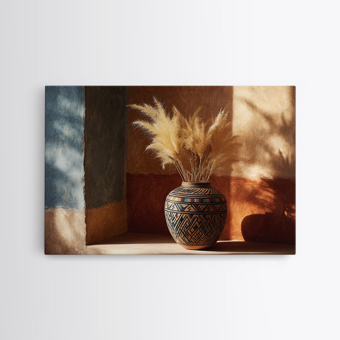 Bohemian Vase with Dried Pampas Grass Framed Canvas Print, Boho Art, Wall Art, Living Room Decor, Fine Art, Bohemian, BOH-3x2-85