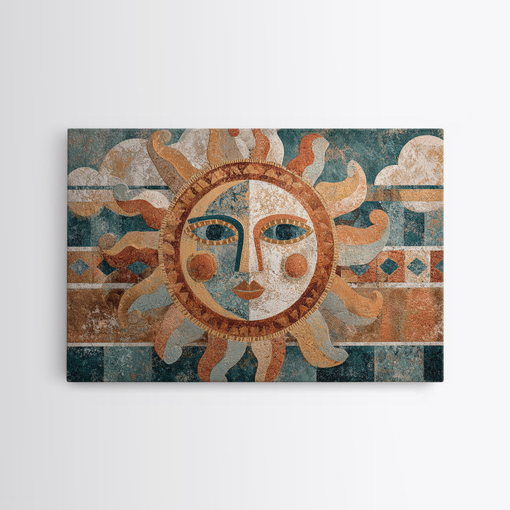 Sun and Moon Celestial Folk Motif Framed Canvas Print, Boho Art, Wall Art Set, Living Room Decor, Fine Art, Bohemian, BOH-3x2-86