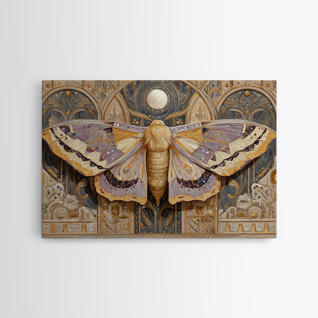 Golden Moth with Moon and Stars Canvas Print, Boho Art, Art, Living Room Decor, Fine Art, Bohemian, Wallart, Art Nouveau, BOH-3x2-93