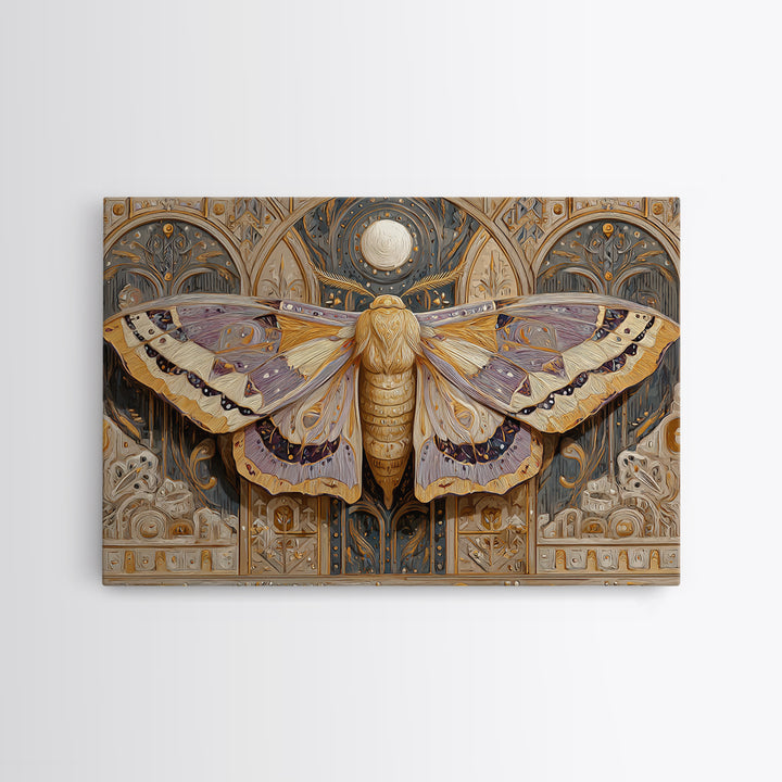 Golden Moth with Moon and Stars Canvas Print, Boho Art, Art, Living Room Decor, Fine Art, Bohemian, Wallart, Art Nouveau, BOH-3x2-93
