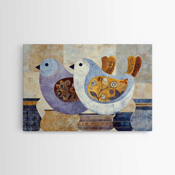 Boho Bird Pair Framed Canvas Print, Boho Art, Art Nouveau, Living Room Decor, Bohemian 596, Wall Print, Set of Prints, BOH-3x2-96