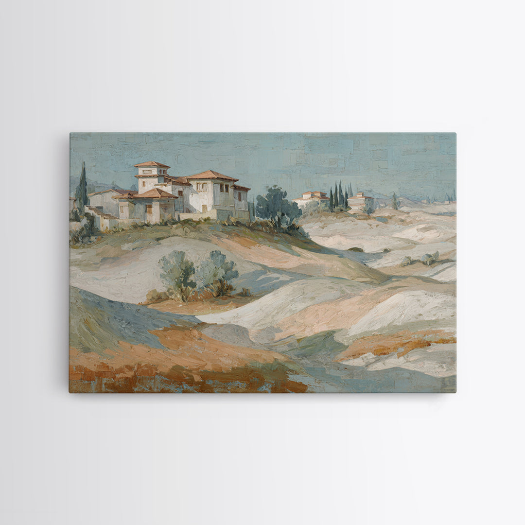 Sunrise over Rolling Dunes in Muted Peach Framed Canvas Print, Boho Art, Living Room Decor, Watercolor Art, Bohemian, BOH-3x2-97