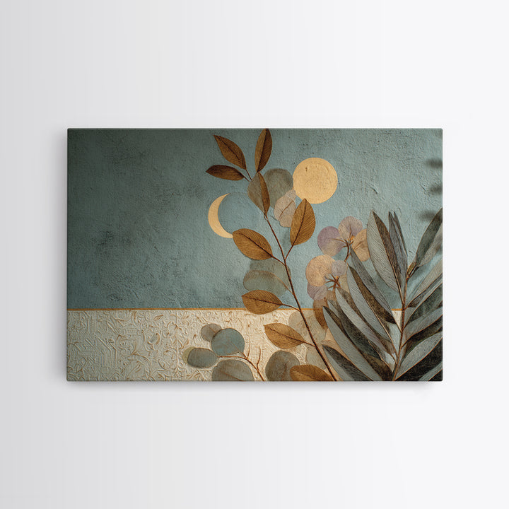 Sage Green Eucalyptus and Crescent Moon Framed Canvas Print, Boho Art, Garden Art, Living Room Decor, Fine Art, Bohemian, BOH-3x2-99