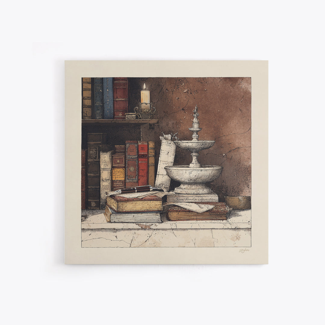 Old Fountain Pen Beside Parchment and Books Canvas Print, Bookstore Art, Book Wall Art, Bookstore Decor, Fine Art, Literary, BOO-1x1-14