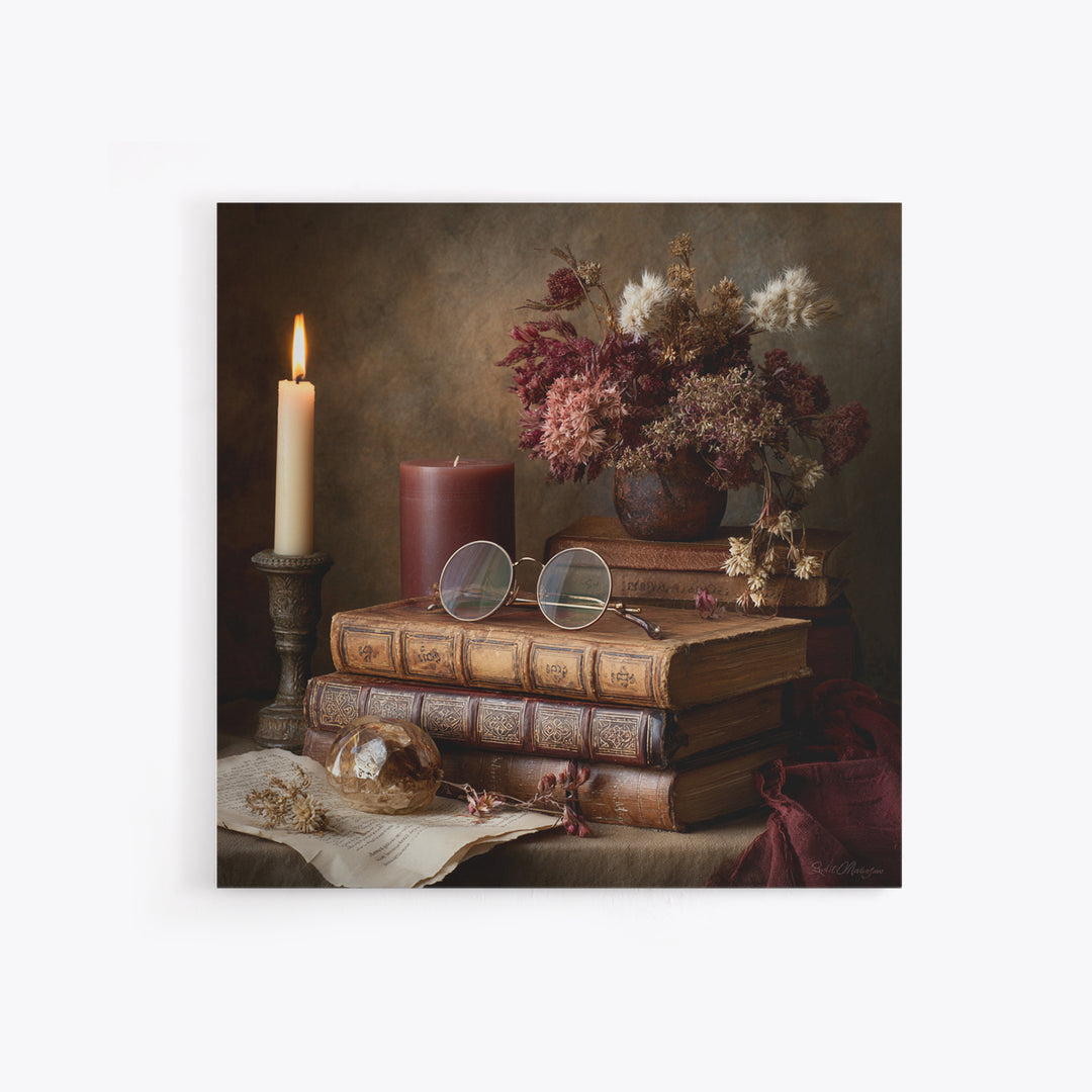 Dark Academia Candle and Book Still Life Canvas Print, Bookstore Art, Feminine Wall Art, Bookstore Decor, Literary, Art Print, BOO-1x1-34