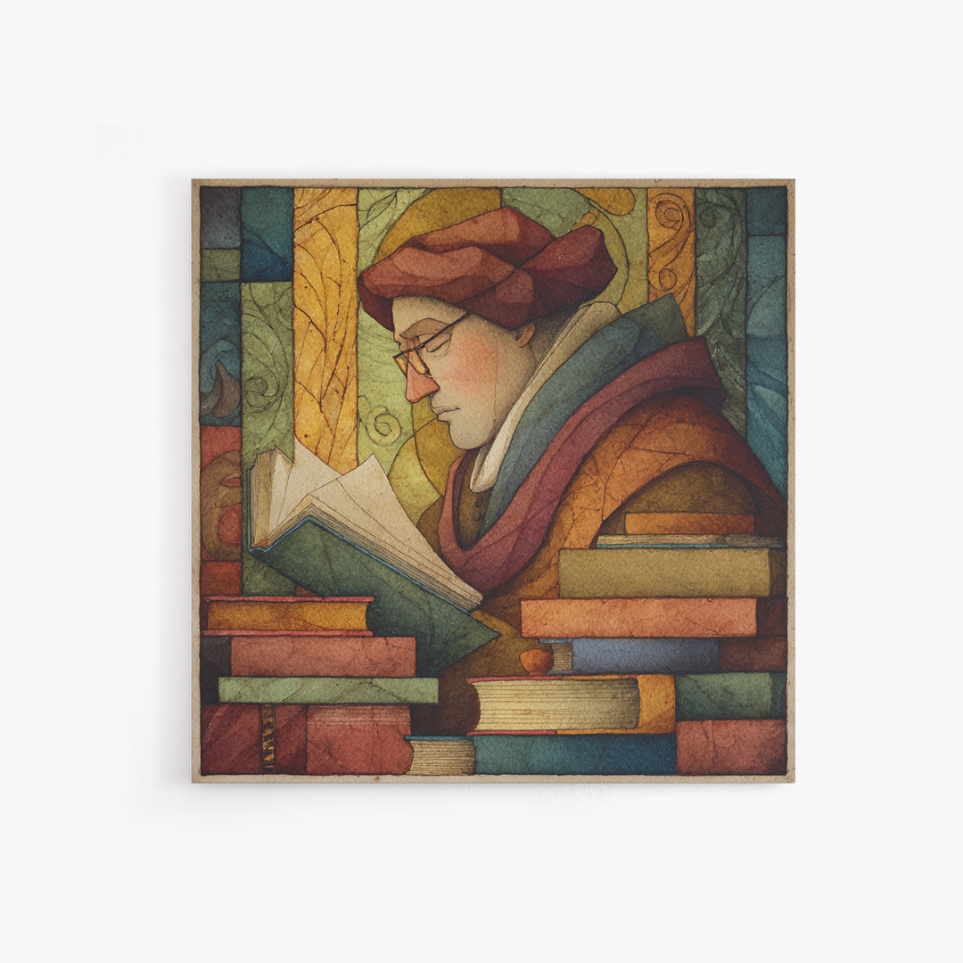 Renaissance Scholar Portrait Framed Canvas Print, Bookstore Art, Gallery Wall Art, Bookstore Decor, Fine Art, Literary, BOO-1x1-47