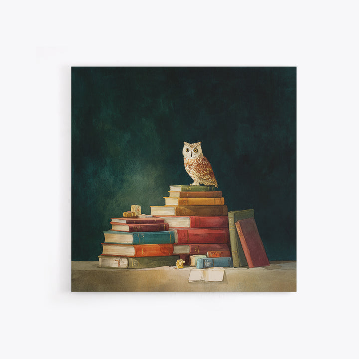 Owl Perched on a Stack of Classics Framed Canvas Print, Bookstore Art, Fine Art Print, Bookstore Decor, Abstract Art, Literary, BOO-1x1-57