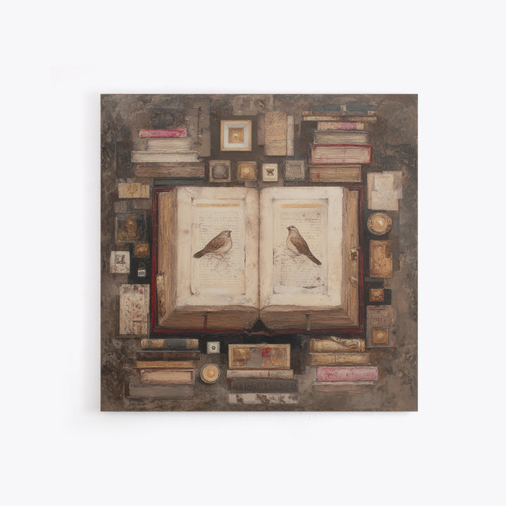 Flying Pages Transforming into Birds Framed Canvas Print, Bookstore Art, Autumn Wall Art, Bookstore Decor, Oil Painting, BOO-1x1-61