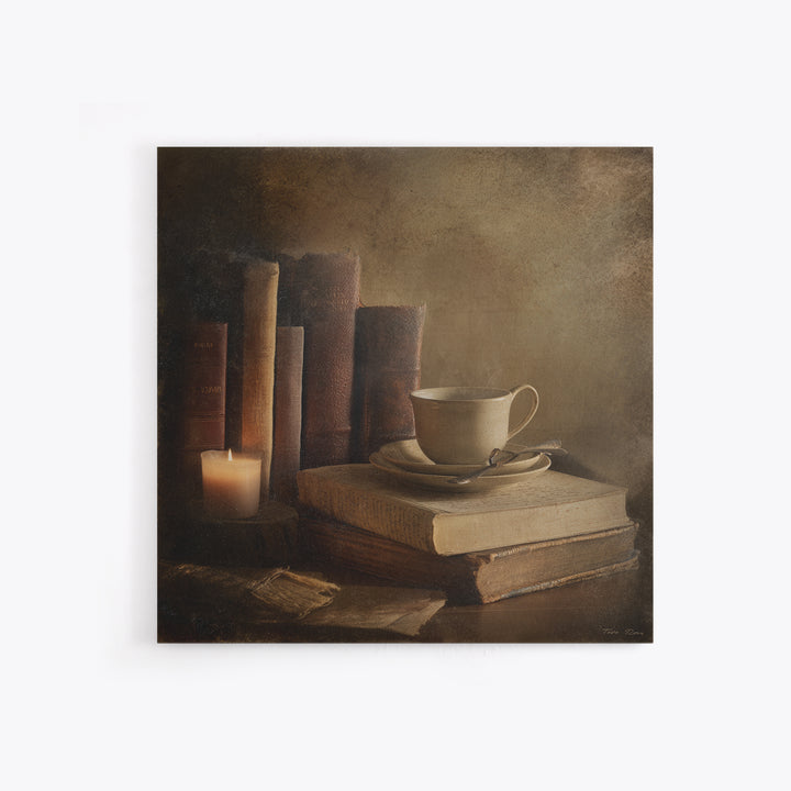 Teacup Beside a Worn Leather Bound Book Framed Canvas Print, Bookstore Art, Neutral Decor, Bookstore Decor, Fine Art, Literary, BOO-1x1-80