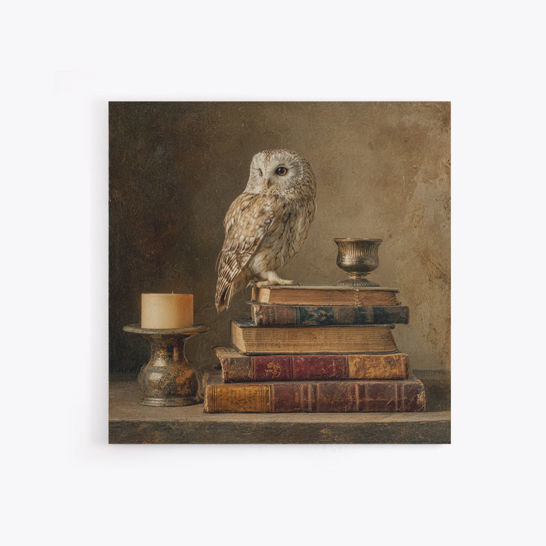 Owl Perched on a Stack of Classics Canvas Print, Bookstore Art, Textured Painting, Bookstore Decor, Fine Art, Literary, BOO-1x1-81