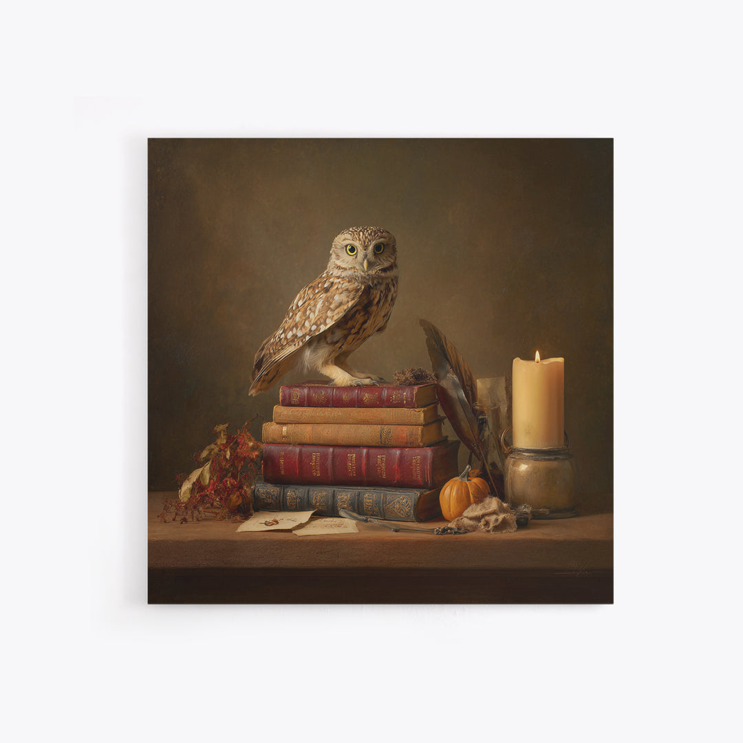 Owl Perched on a Stack of Classics Canvas Print, Bookstore Art, Pastel Wall Art, Bookstore Decor, Fine Art, Literary, BOO-1x1-9