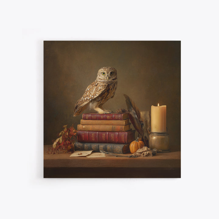 Owl Perched on a Stack of Classics Canvas Print, Bookstore Art, Pastel Wall Art, Bookstore Decor, Fine Art, Literary, BOO-1x1-9