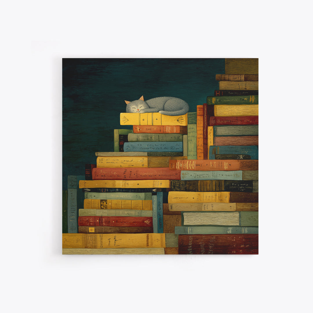 Cat Sleeping on a Pile of Novels Canvas Print, Bookstore Art, Statement Artwork, Bookstore Decor, Fine Art, Literary, BOO-1x1-98