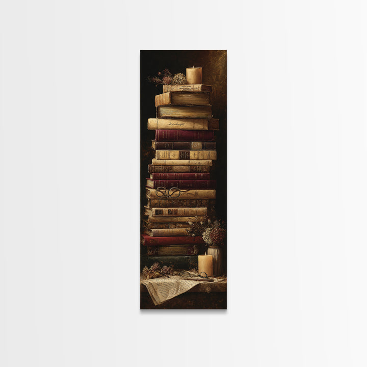 Warm Sepia Book Pile Canvas Print, Bookstore Art, Printable Wall Art, Bookstore Decor, Abstract Art, Literary, Whimsical Art, BOO-1x3-60
