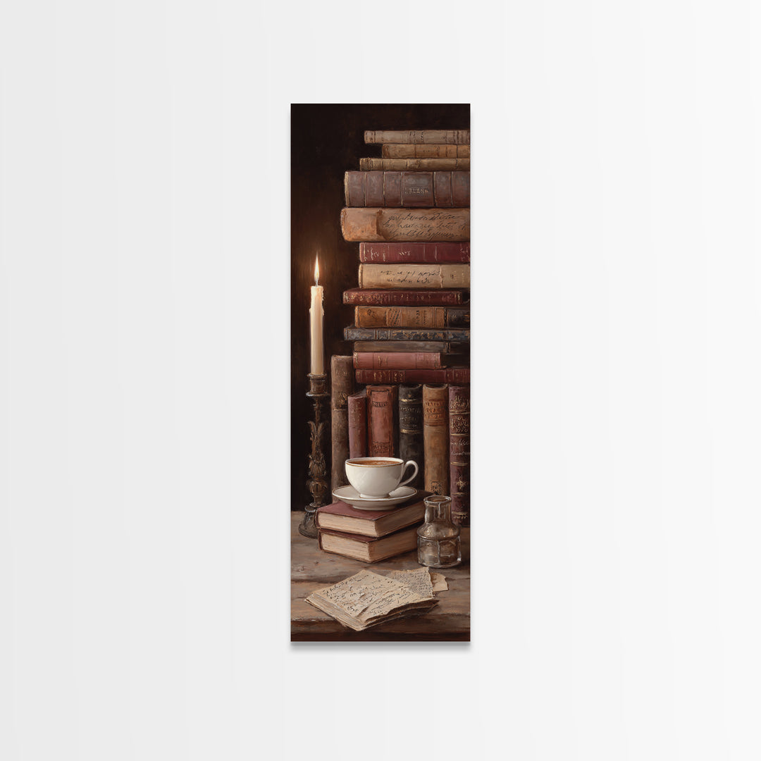 Teacup Beside a Worn Leather Bound Book Canvas Print, Bookstore Art, Library Decor, Bookstore Decor, Fine Art, Literary, BOO-1x3-68