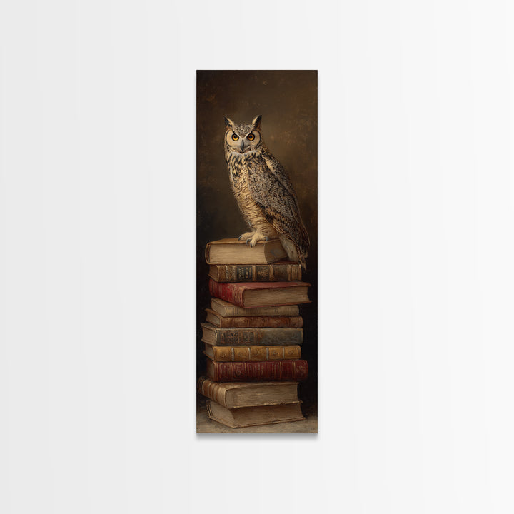 Owl Perched on a Stack of Classics Framed Canvas Print, Bookstore Art, Boho Decor, Bookstore Decor, Oil Painting, Literary, BOO-1x3-69
