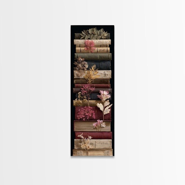 Pressed Flowers Between Book Pages Framed Canvas Print, Bookstore Art, Office Art, Bookstore Decor, Oil Painting, Literary, BOO-1x3-79