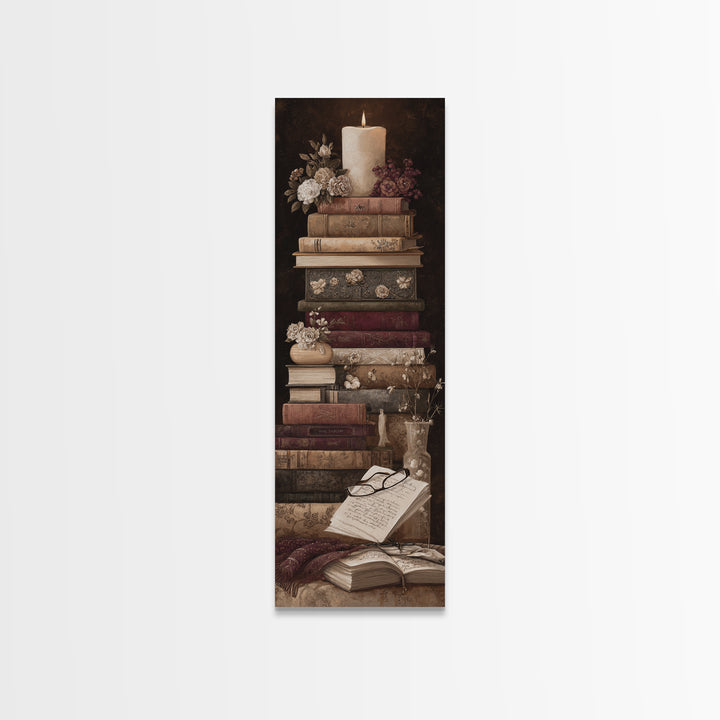 Botanical Bookmark and Open Pages Arrangement Framed Canvas Print, Bookstore Art, Downloadable Art, Bookstore Decor, Literary, BOO-1x3-96