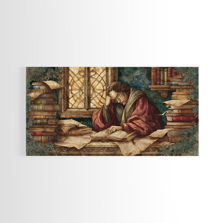 Renaissance Scholar Portrait Framed Canvas Print, Bookstore Art, Feminine Wall Art, Bookstore Decor, Fine Art, Literary, BOO-2x1-19